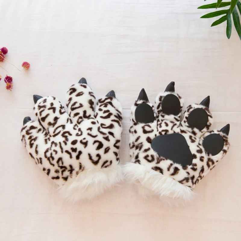 

Adult Kids Simulation Leopard Paw Plush Gloves Fluffy Animal Stuffed Toys Padded Hand Warmer Cosplay Costume Mittens