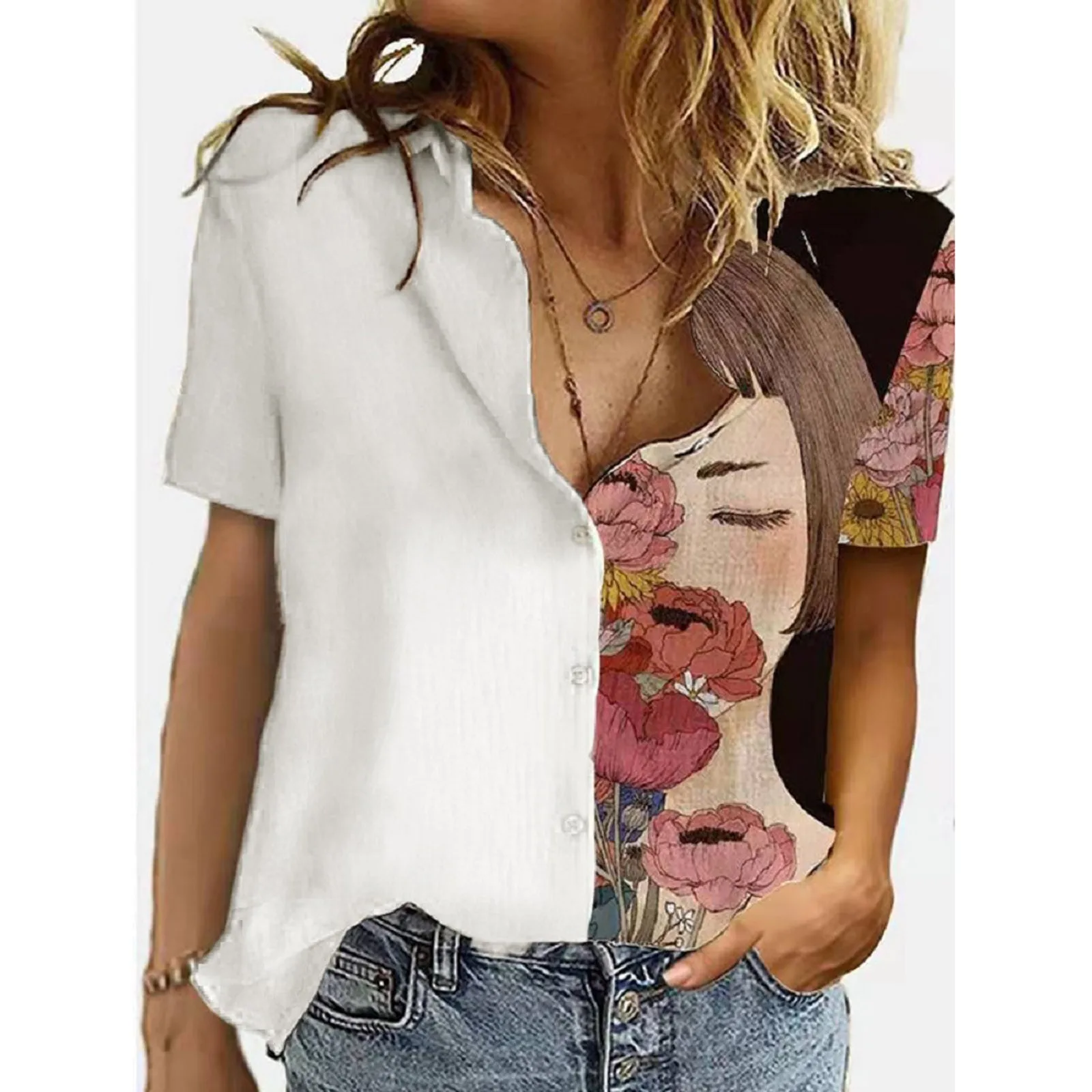 

Женские топы 2022, футболка большого размера в стиле Харадзюку, просторная туника на пуговицах с принтом и воротником, футболки с графическим ...