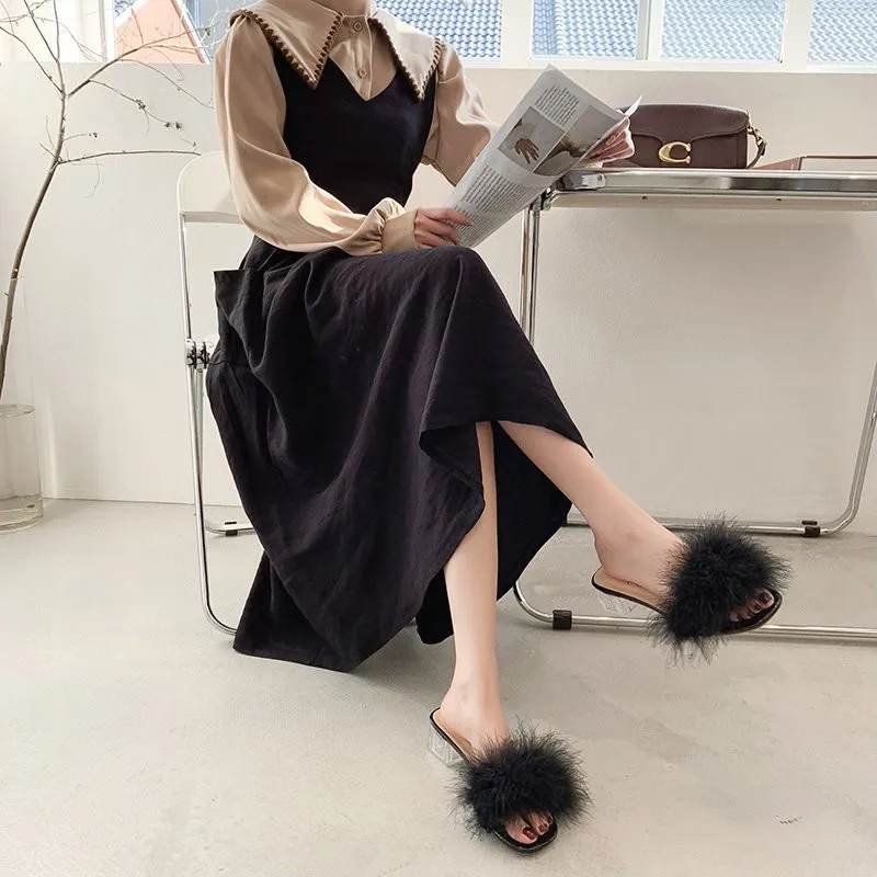

Rubber Flip Flops Med Slippers Casual Fur Shoes Platform Slides Slipers Women Lady Square heel Hawaiian Luxury Plush Summer Glit
