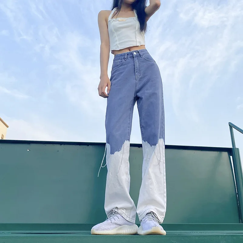 

Women Boyfriend Wide Leg Jeans, High Waist Color Block Loose Denim Pants with Metal Chain