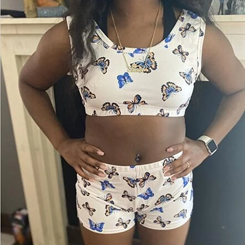 Модный повседневный комплект из двух предметов с принтом укороченный топ и штаны