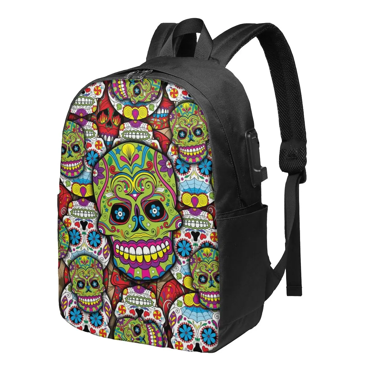 

Sugar Skulls Day Of The Dead Green Backpacks Mexican Skull Head Stylish Charger USB Outdoor Backpack Female Large Bags