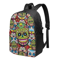 sugar skulls day of the dead green backpacks mexican skull head stylish charger usb outdoor backpack female large bags