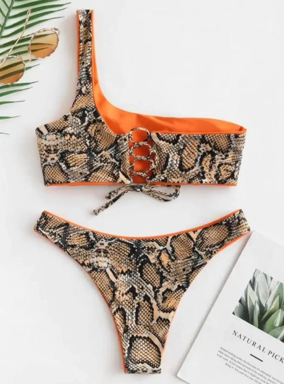 Beach Set Sexy Ladies Back Cross Lacing up Snake Print Bikini Padded Bra Swimwear Women Bathing Suit Swimsuit 2 pieces set | Женская