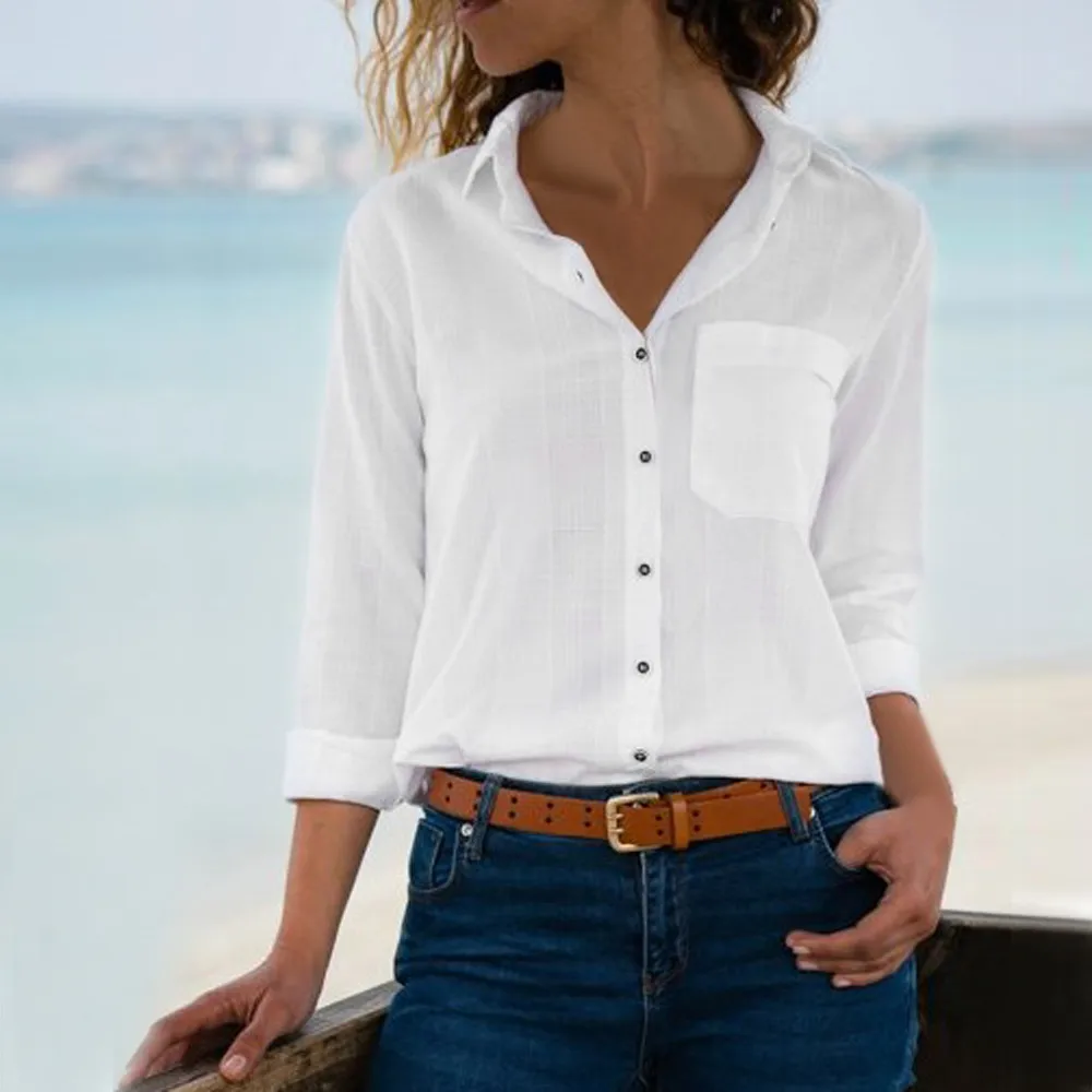 Белый Blusas Женский, с длинным рукавом отложной воротник Топы Блузки Офисная Женская белая блузка рубашка Женская рабочая одежда рубашки блузка плюс размер - Цвет: Белый