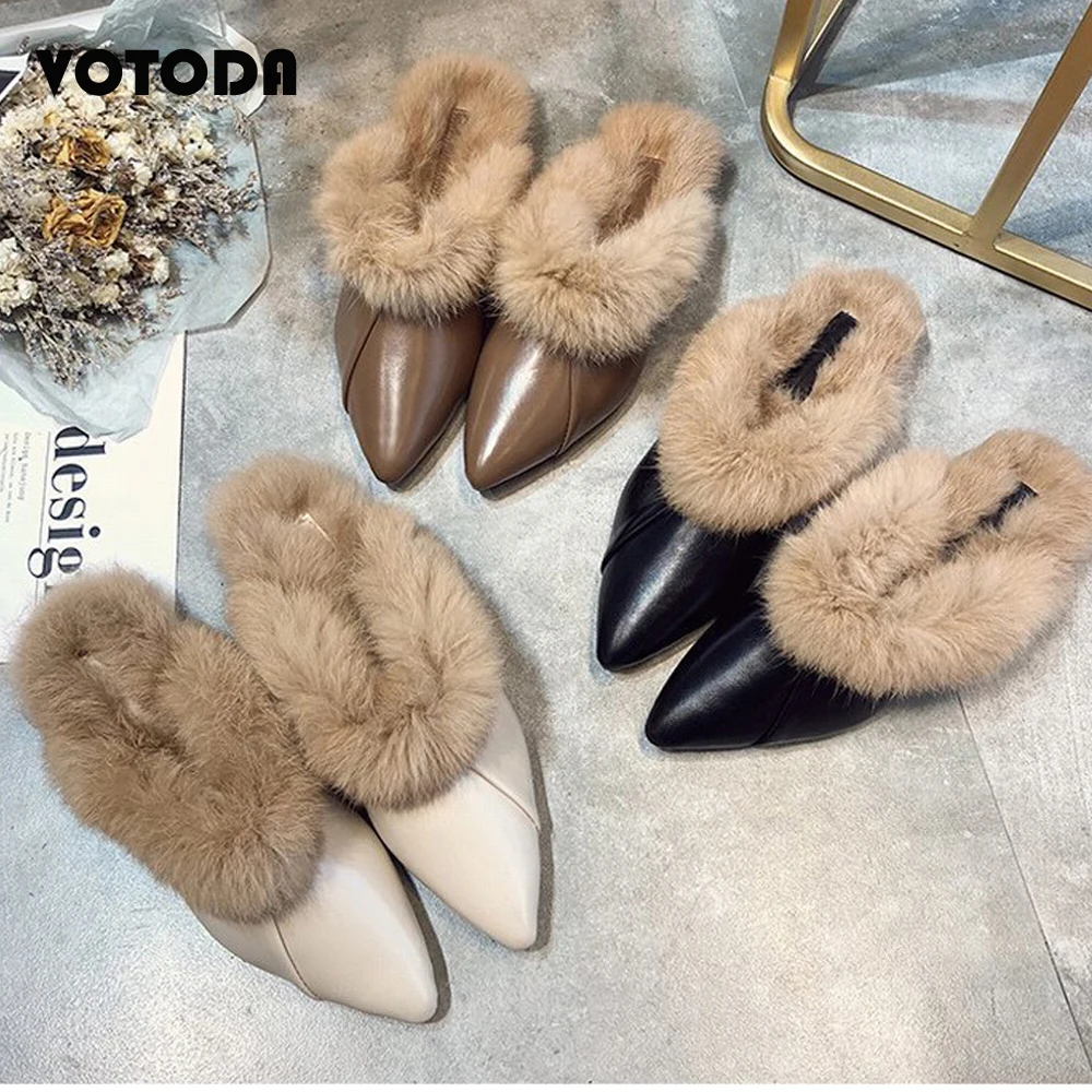 

Women Mules Slippers Outdoor Female Warm Plush Slides Fashion Pointed Leather Slip On Shoes Ladies Casual Furry Flats Flip Flops