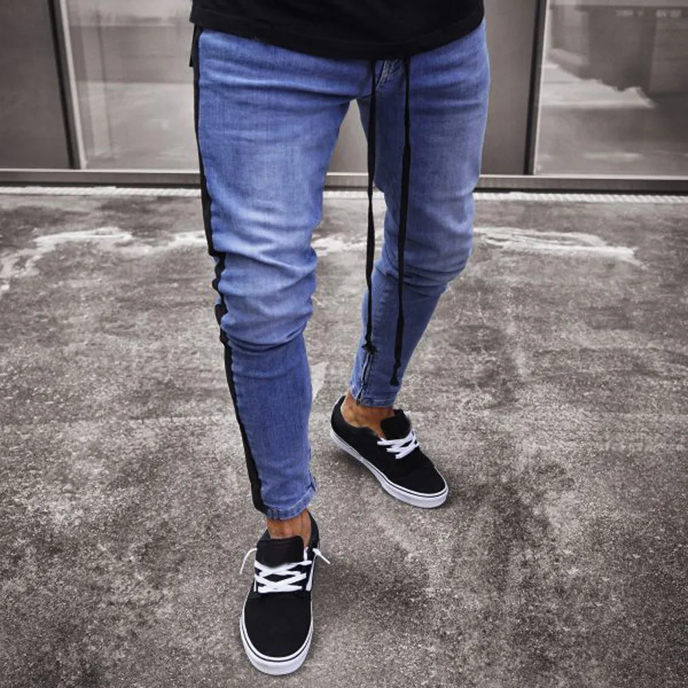 Мужские потертые джинсы рваные в стиле панк Стрейчевые зауженные на