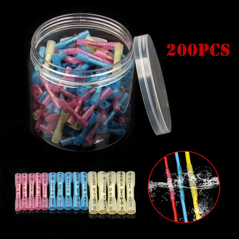 

200PCS Heat Shrink Electrical Wire Connector Waterproof Seal Butt Connectors Splice Cable Crimp Terminals AWG 22-10