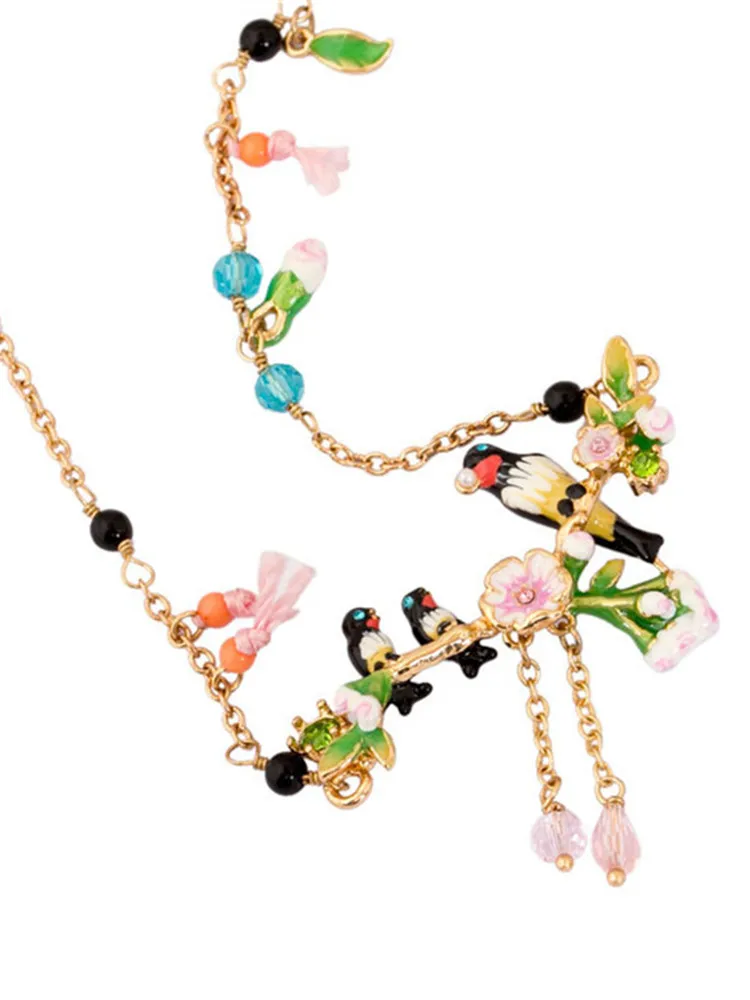 

Swallow Series Hand-painted Enamel Gold-plated Three Swallows Pink Flower Necklace European and American Style Tassel Necklace