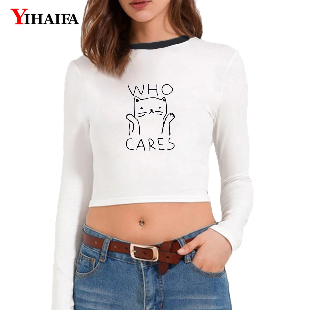 YIHAIFA женские футболки укороченный Топ с длинным рукавом забавный кот буквенным