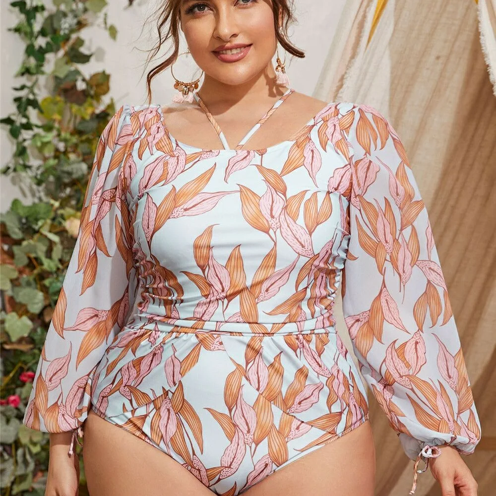 

Cover Belly Show Thin Loose Sunscreen Long Sleeve Conservative One Piece Swimsuit Women Plus Size Swimwear