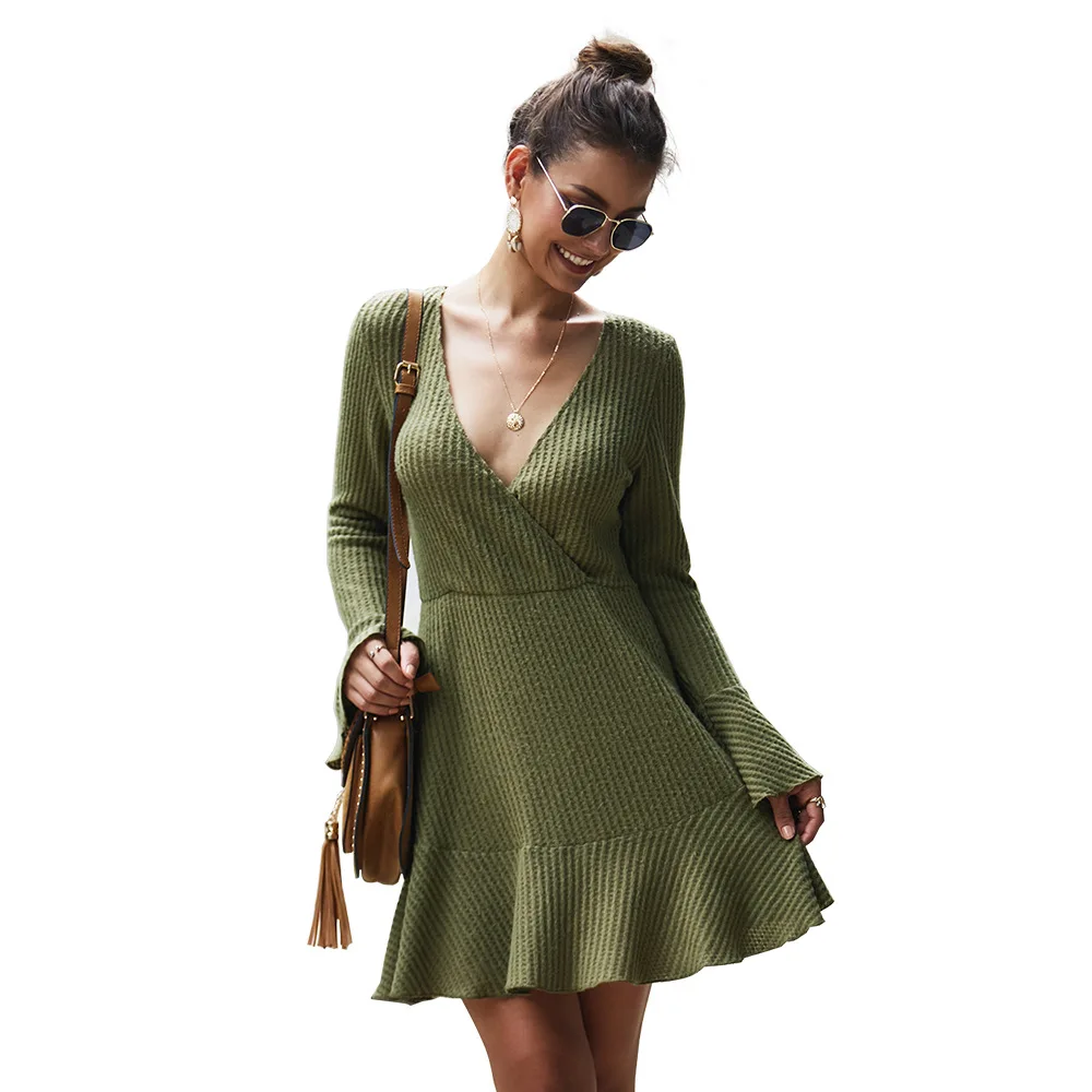 

Fashion Korean Dress Knitted Pullover Ruffle Runway Solid V-Neck Womens Clothing Fall 2021 High Quality Sale Items