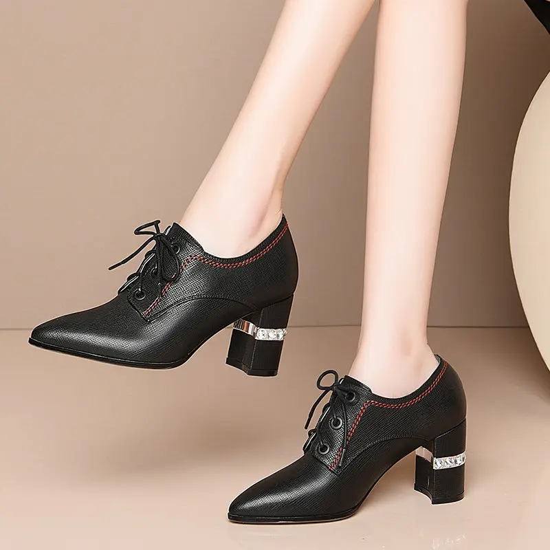

Large size 34-43 Genuine leather high heels spring autumn lace up women pumps metal square heels office ladies party shoes woman