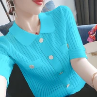 new ice silk jacket womens doll neck short sleeve t shirt ladies hollow knitted shirt short loose thin sweater