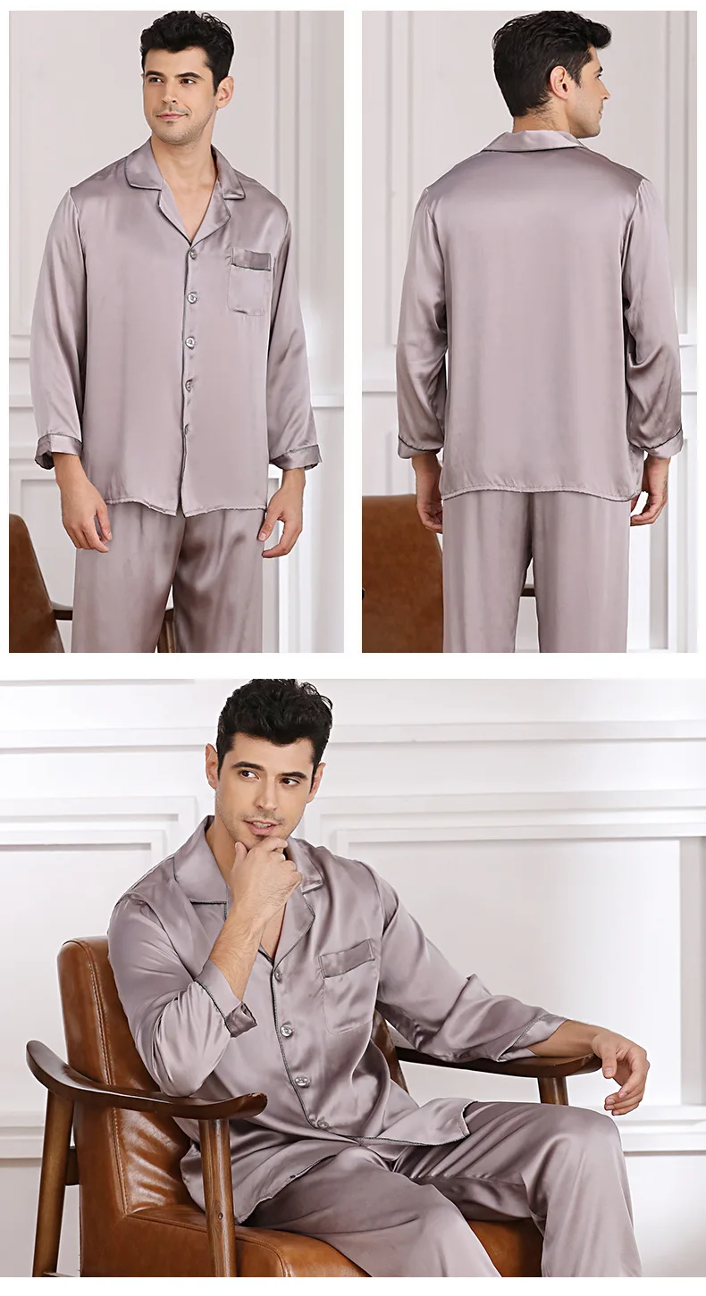 M8808 New Fashion Men's Spring and Summer 100% Silk Long Sleeve Two-piece Home Clothes PAJAMA Suit