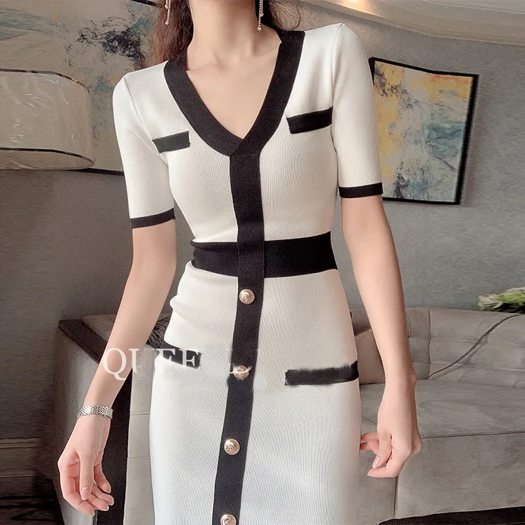 

Весна-Осень 2020, женское винтажное цветное лоскутное трикотажное платье с коротким рукавом, дизайнерское облегающее платье-свитер с v-образн...