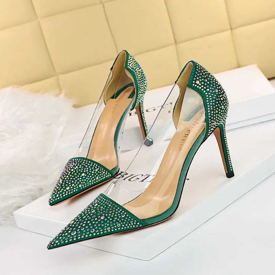 

BIGTREE Shoes Fashion New Women Pumps Transparent Kitten Heels Women Rhinestone High Heels Sexy Party Shoes Women Heels Female
