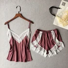 Пижама женская атласная, кружевная, с V-образным вырезом, без рукавов, 1 комплект