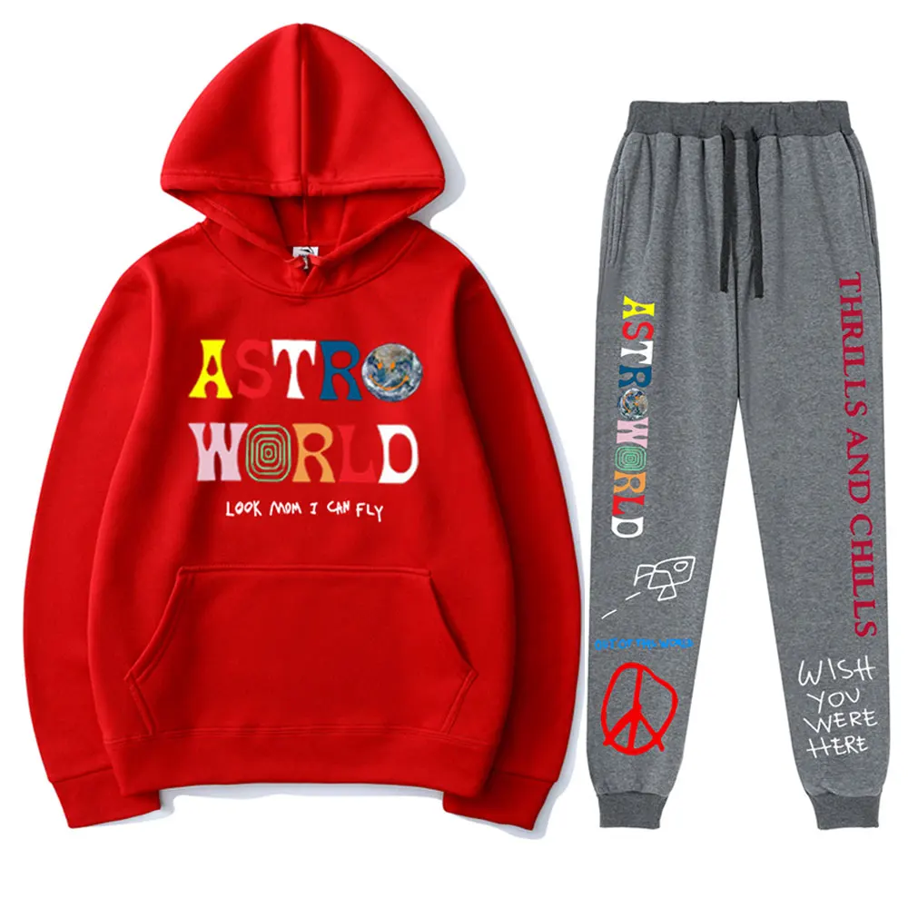 

2020 Spring Autumn Men Astroworld Printed Sweatshirt Coat Pullover +Men's casual trousers sportswear Fashion 2 piece