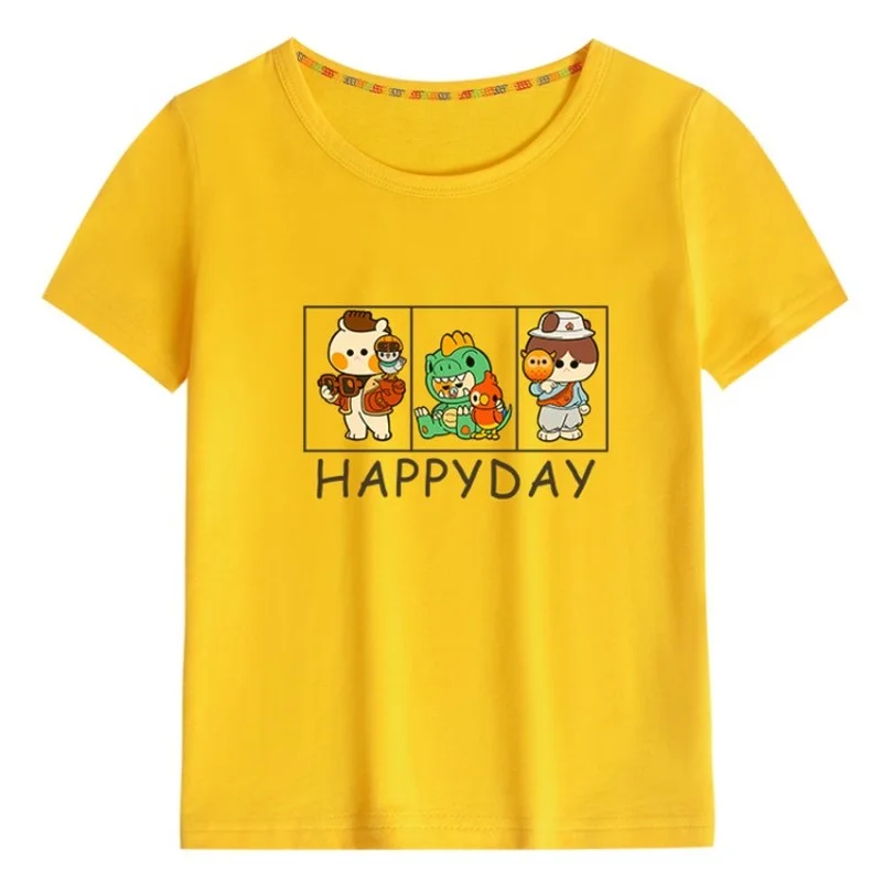 

DDCAT 2021 Cartoon Printed Brand Oversized Happyday T-shirt for Boys and Girls T-shirts for Teenagers Brother and Sister Clothes