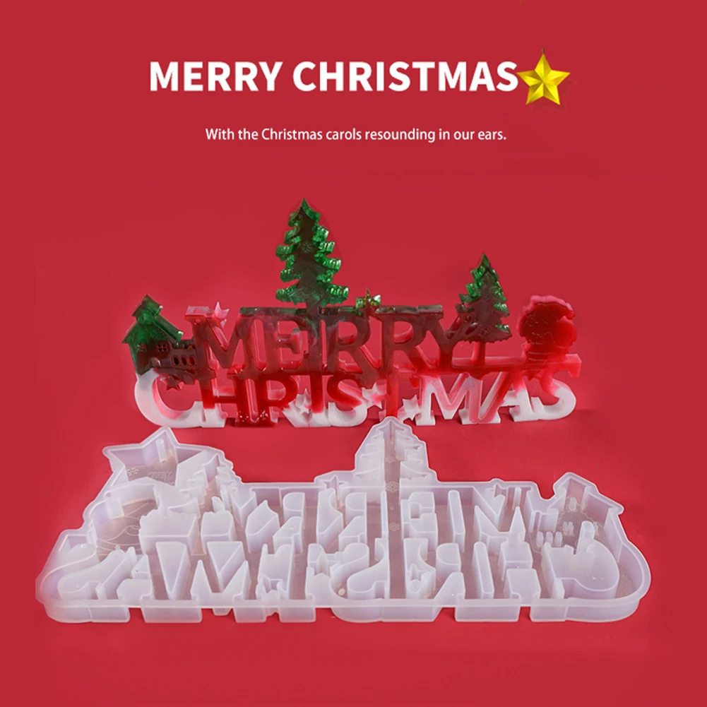 

Hot Sale DIY crystal epoxy resin mold Christmas listing decoration Merry Christmas English mirror silicone mold for resin