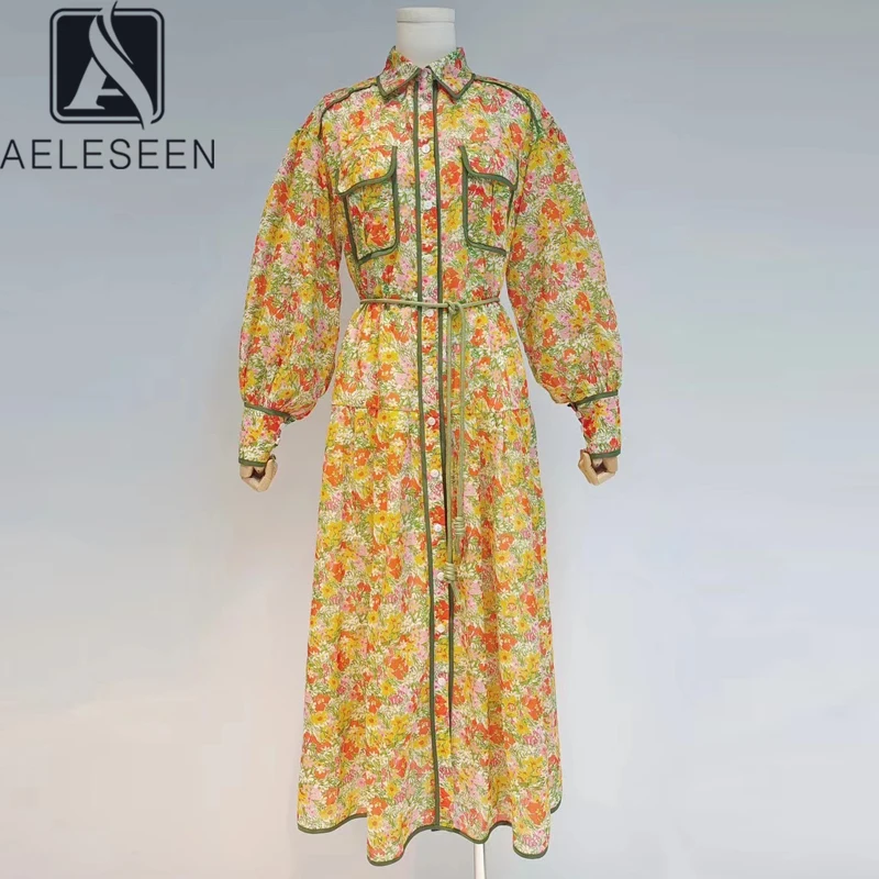 

AELESEEN Designer Fashion Women Dress Runway New Floral Print Sashes Full Lantern Sleeve Long Holiday Casual Dresses