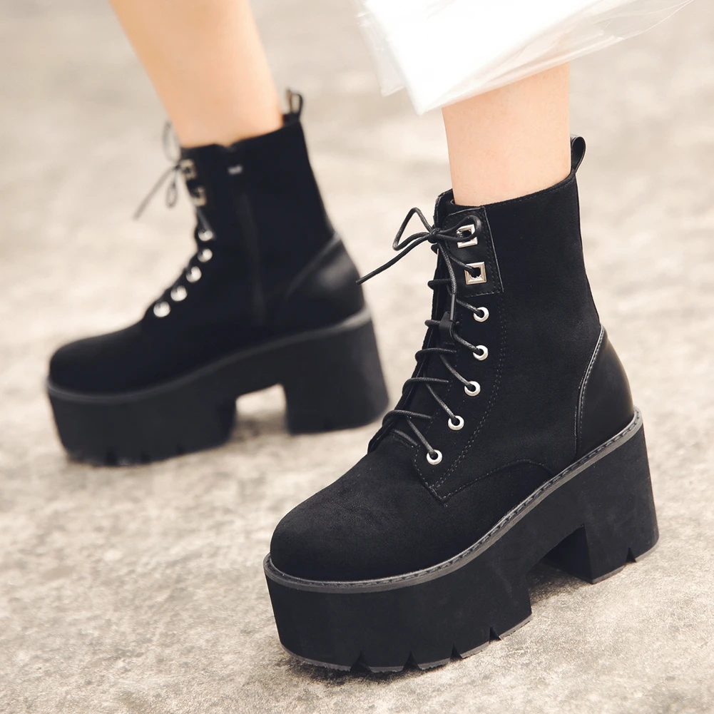 

RIBETRINI Women Flock Platform Ankle Shoes Women Chunky Heel Metal Punk Boots 2020 Autumn Brand Thick Bottom Boots