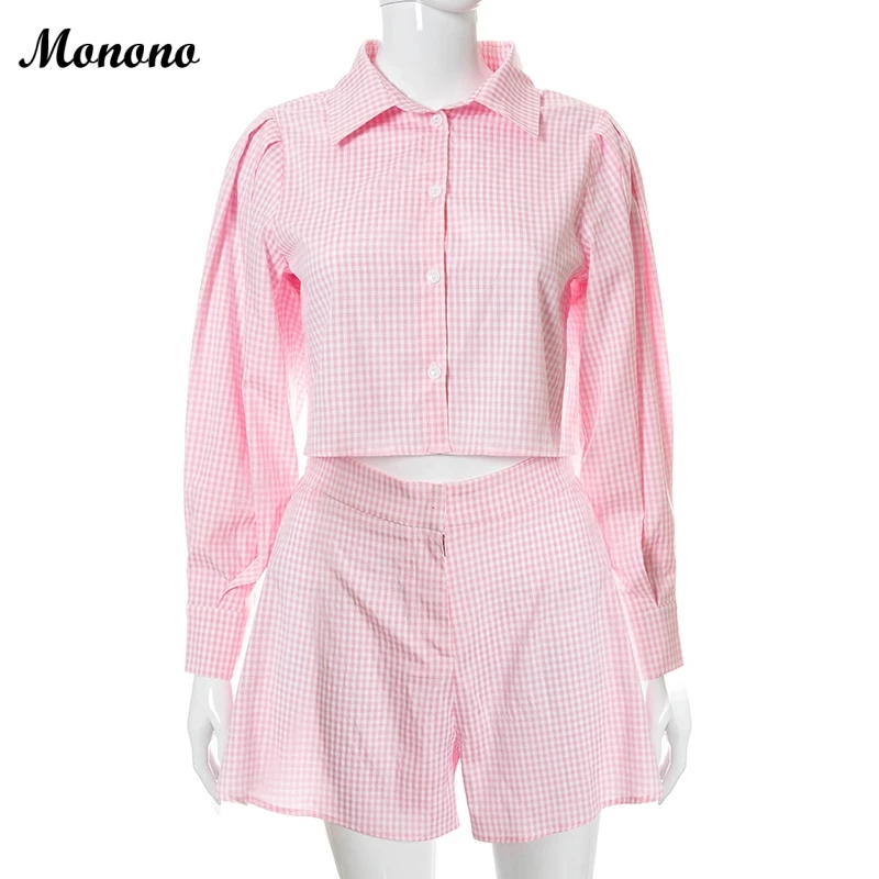 

Loung Wear Tracksuit Women Flare Shorts Set Plaid Long Sleeve Shirt Tops Loose Casual High Waisted Mini Shorts 2 Piece Sets 2021