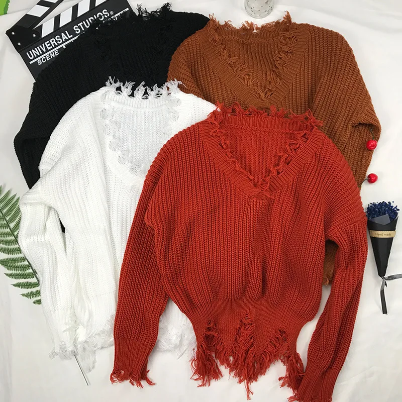 Autumn Winter Women Tassel Deep-V Knitted Pullover Female White Long Sleeve Knit Crochet Sweaters Cropped Jumper Pull Top | Женская