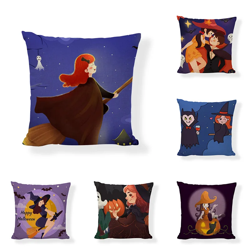 Хэллоуин Ева мультфильм ведьма Печать Голубая Подушка Набор Тыква