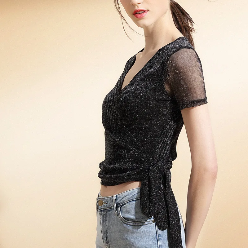 

New top spring and summer T-shirt women's Korean screen bottom shirt sexy V-neck slim short sleeve