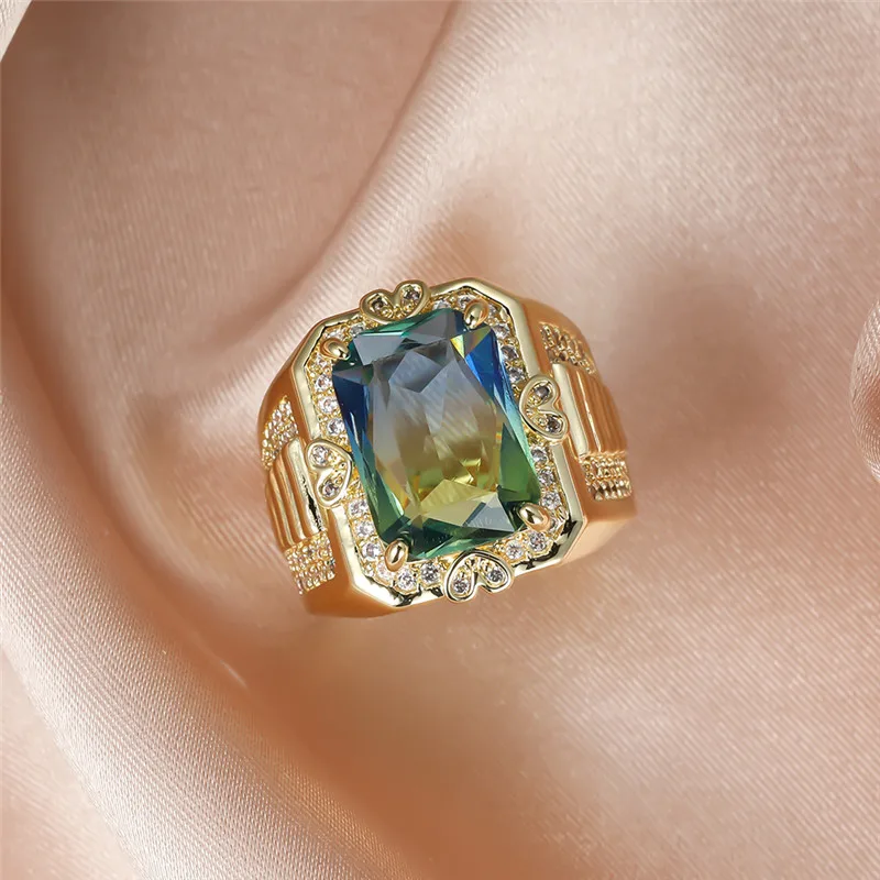 

Vintage Female Blue Green Crystal Jewelry Cute Gold Color Wedding Rings For Women Charm Bride Square Zircon Engagement Big Ring