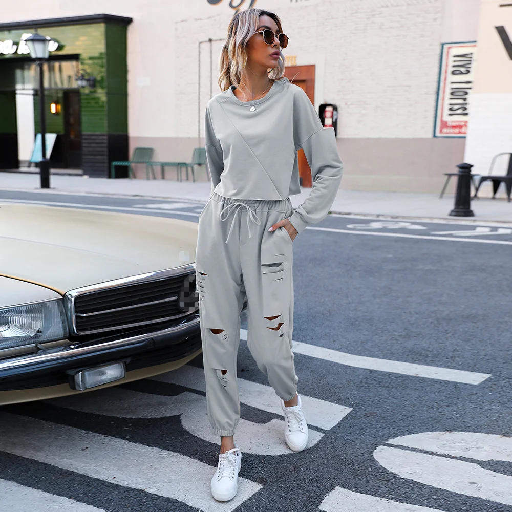 

Modern Two Piece Trousers Suits Lace Up Ripped Sweatpants Pullover Long Sleeve Sweatshirts Plus Size Tops for Women 3xl 4xl 5xl