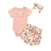 new baby girl 3 pcs outfit set solid color short sleeve ruffle button closure romper short flower waist belt pants hair band