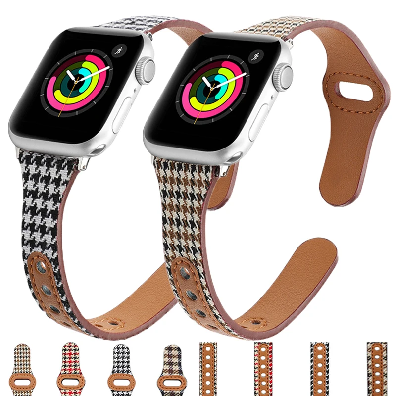 

Slim Canvas Leather Loop strap for Apple Watch Band 40mm 44mm 38mm 42mm Woman Leather bracelet iwatch Series 5 se 6 7 45mm 41mm