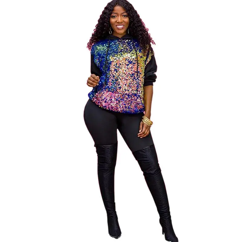 

Fashion Women Sequins Hooded Sweatshirt Fashion Long Sleeve Hoodie Shiny Hop Hip Casual Pullover Shirt Jumper Tops