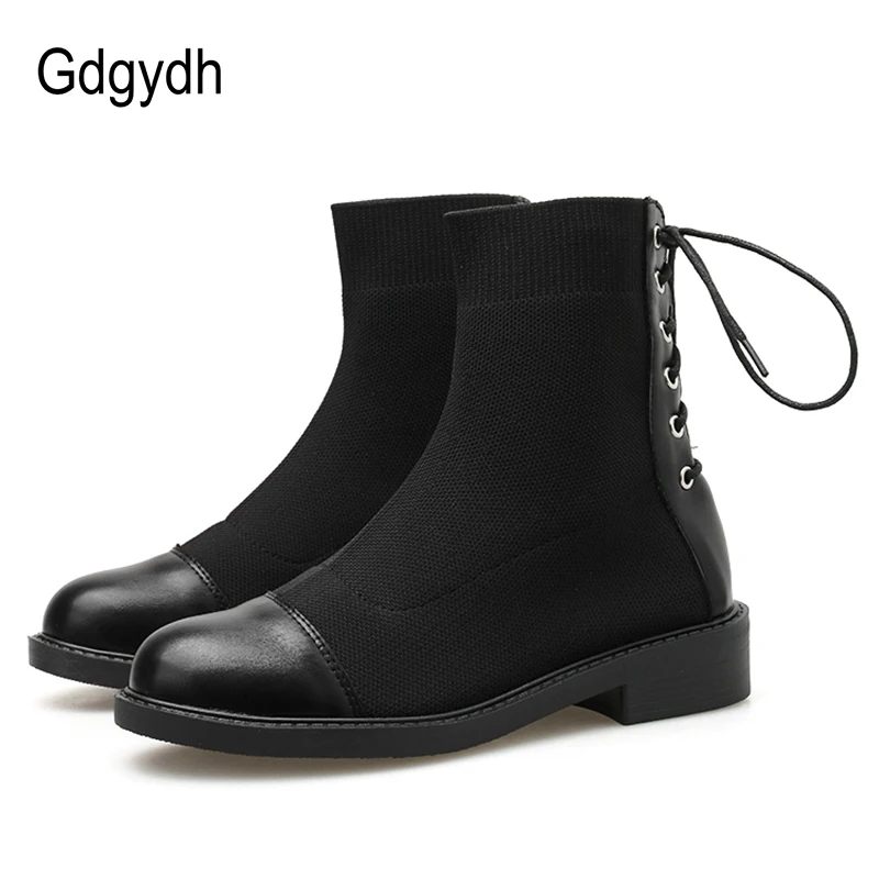 Женские ботинки Gdgydh черные эластичные на низком каблуке шнурках 2020|Женские