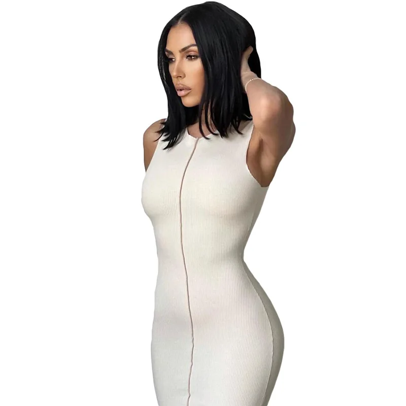 

2021 Summer New Women's Fashion Design Sense Round Neck Sleeveless Slim Fit Hip Mid-length Dress Women