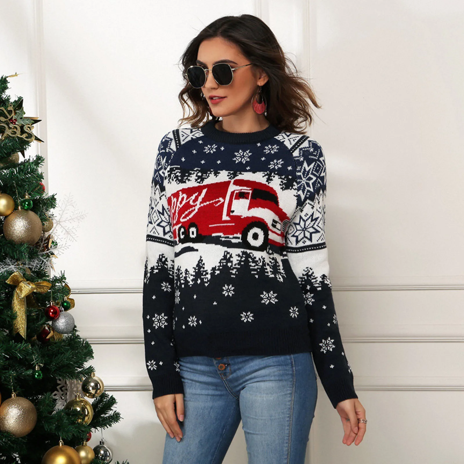 

Женский пуловер с длинным рукавом, теплый жаккардовый свитер с рождественским узором в виде снежинок, плотная трикотажная одежда для осени ...