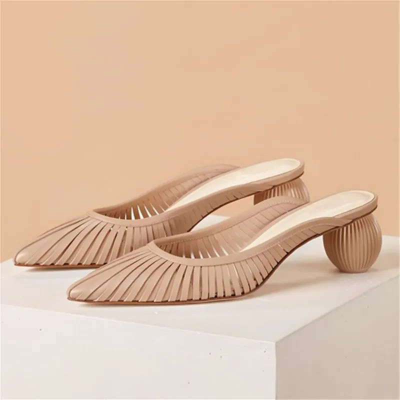 Шлепанцы женские на странном каблуке заостренный носок Прозрачный каблук