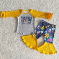 cartoon pattern long sleeves yellow jacket and trousers outfits girls clothing sets