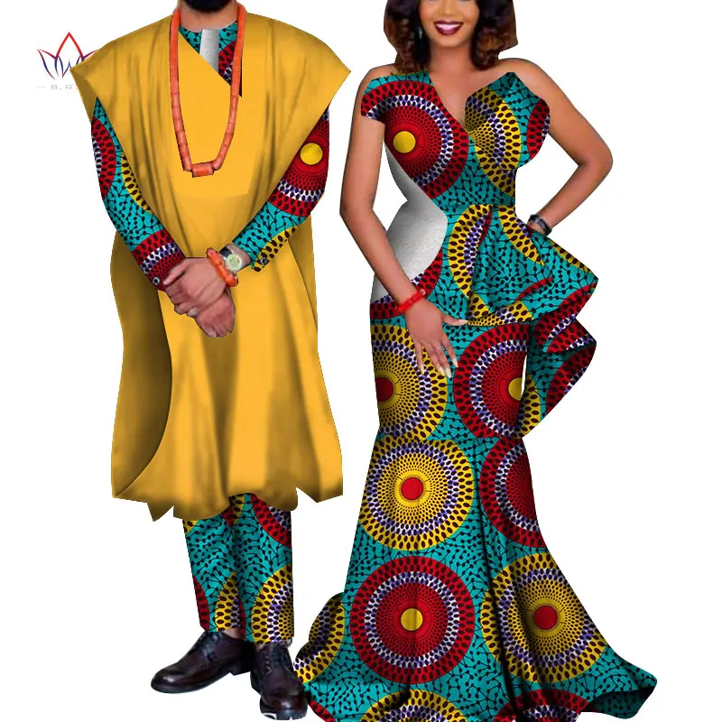 

African Couple Clothes African Dresses for Women Bazin Riche Long Dresses African Men Print Gown Coat and Pants WYQ178