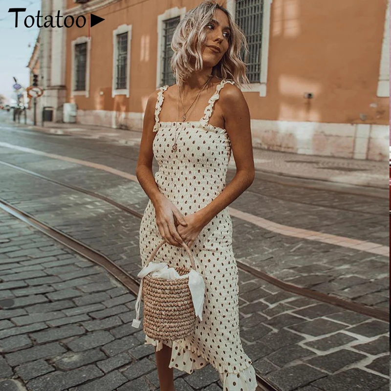 

Totaoop, летний сарафан в горошек, женское шифоновое плиссированное платье средней длины на бретельках с рюшами, облегающее платье Vestidos