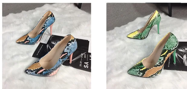 Lady Loafers Pointy Toe High Heel Slip On Pu Snake Texture Printed Shoes For Women Max Size 42 Pink Green Single Pumps Retro | Обувь