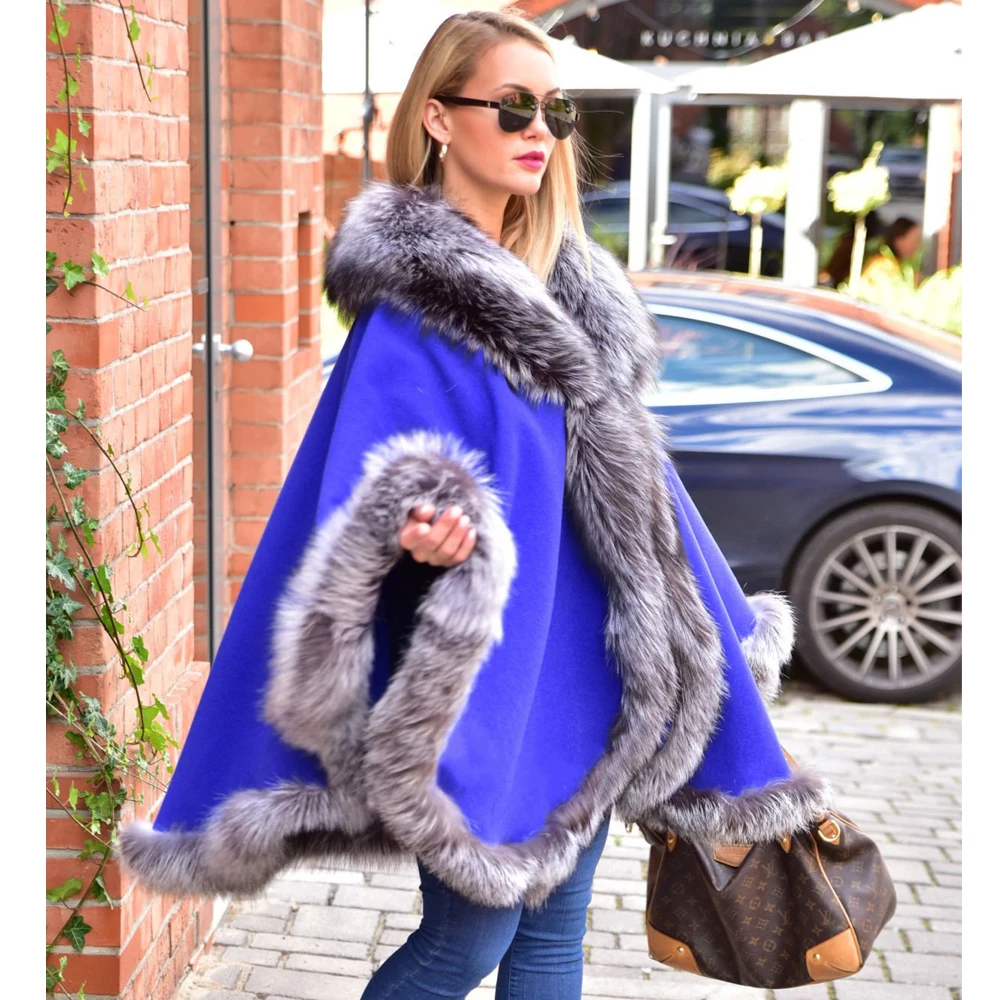 Fashion Royal Blue Natural Silver Fox Fur Wool Blends Capes Winter New Genuine Woman Real Fox Fur Cashmere Ponchos Plus Size