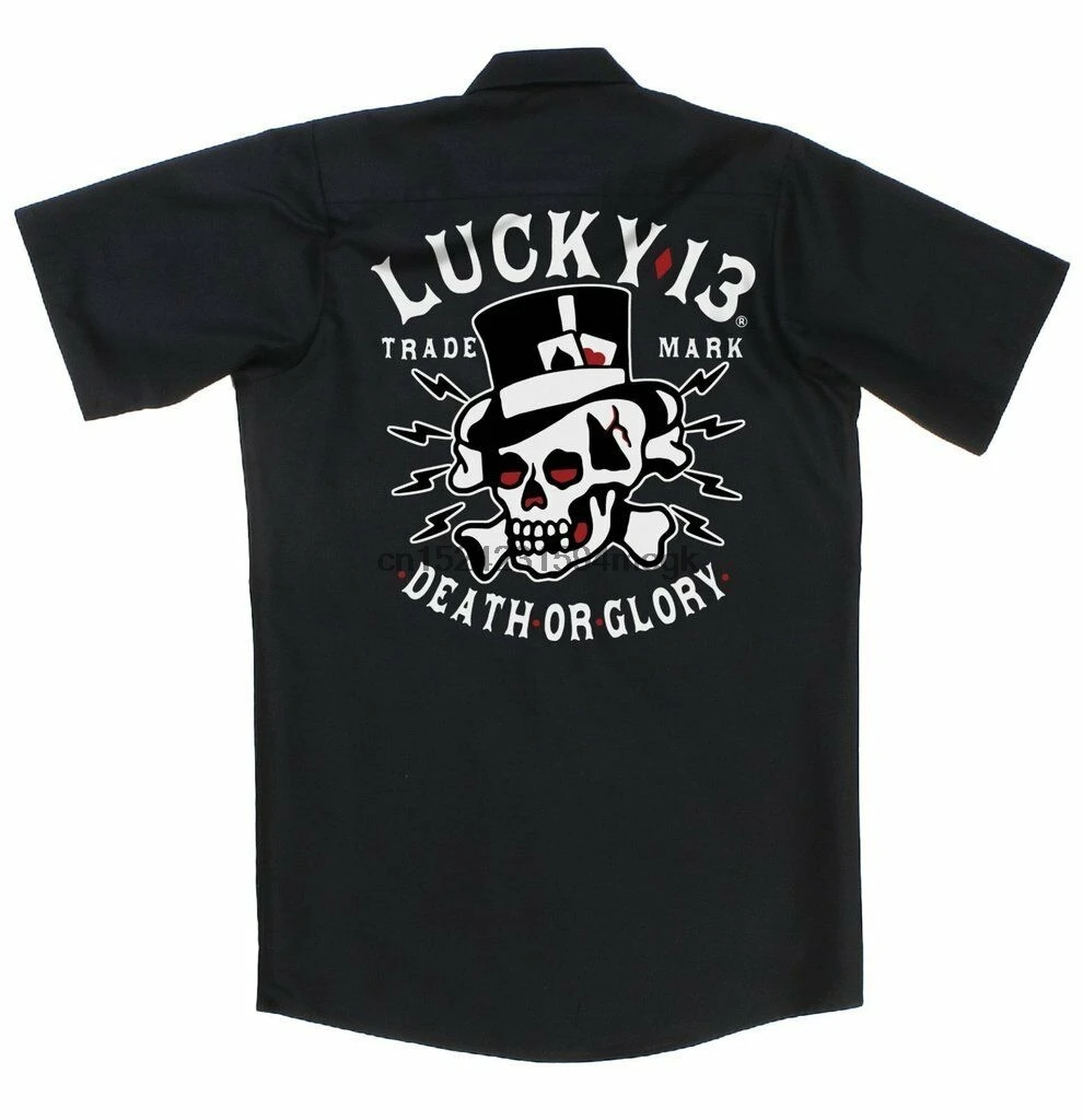 Lucky 13 работа Футболка для механика кнопка до смерти или Глория татуировки Череп