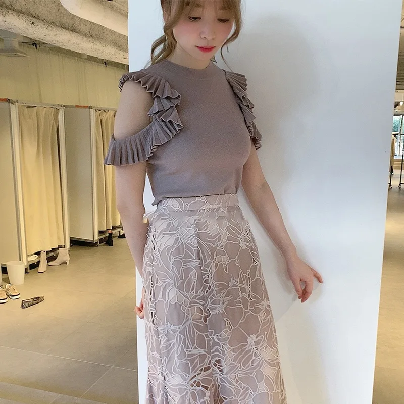 

Sexy Blouse Women Off Shoulder Top 2021 Fashion Spring Autumn Solid Sweet Tops Basic Knitting Ruffles Folds Blouses Casual