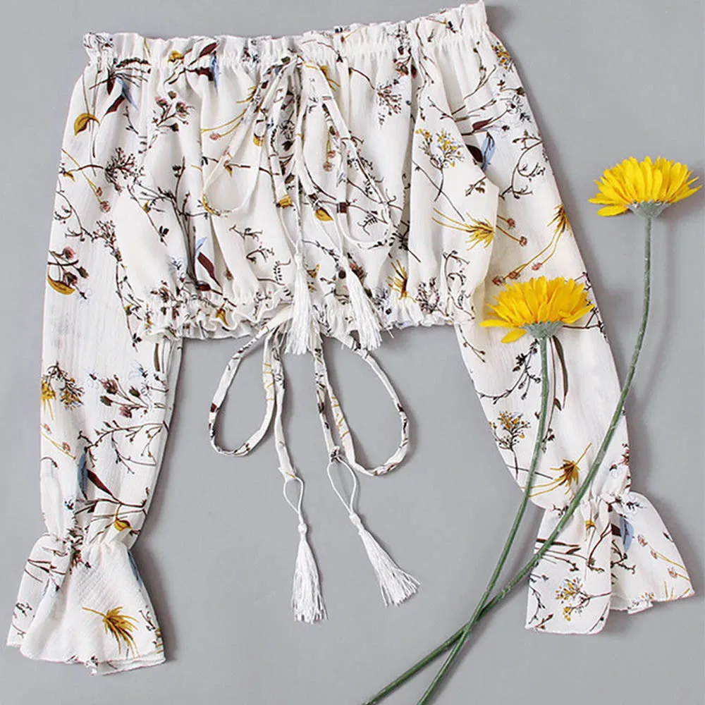 Блузка женская с открытыми плечами шифоновая блузка длинным рукавом и принтом