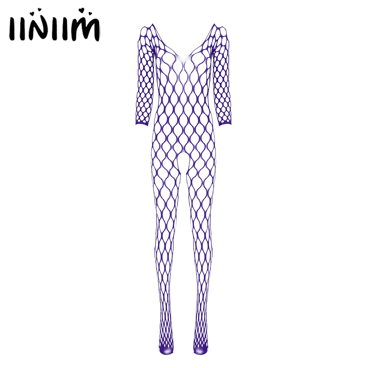 

iiniim Womens Teddies Long Sleeve Crotchless Bodystocking Stretchy Fishnet Bodysuit Mesh Lingerie Bodycon Nightwear Sleepwear