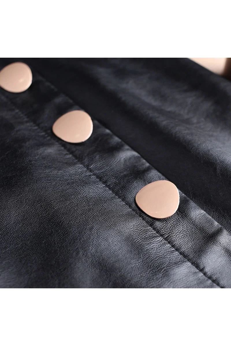 

2020 Spring Summer Womens High Waist Placket Buttons Black Pu Leather Pencil Skirt , Fall Korean Office Ladies Slim 5xl Skirts